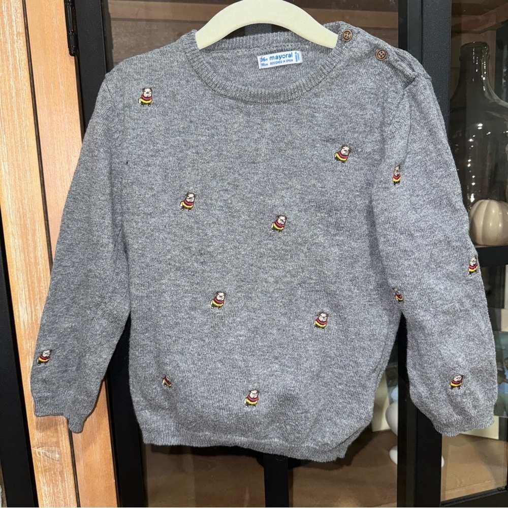 Mayoral toddler wool sweater crewneck knit boys embroidered dogs cotton gray